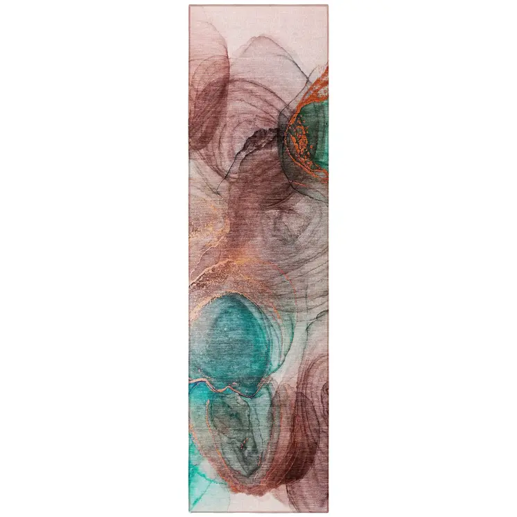 8' Runner Burgundy Abstract Washable Non Skid Indoor Outdoor Runner Rug