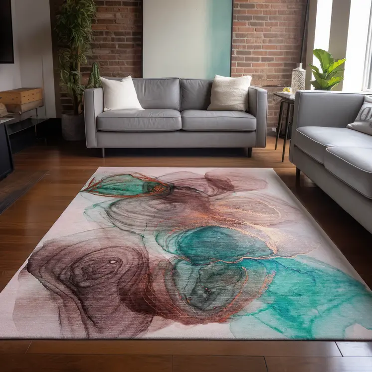 5' X 8' Burgundy Abstract Washable Non Skid Indoor Outdoor Area Rug