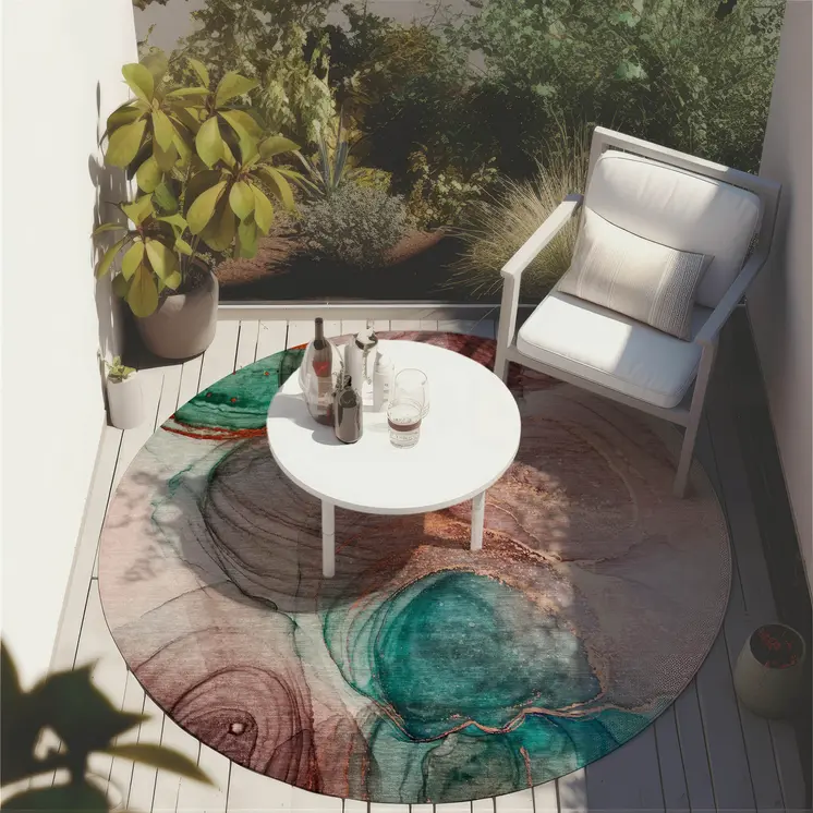 8' Round Burgundy Round Abstract Washable Non Skid Indoor Outdoor Area Rug