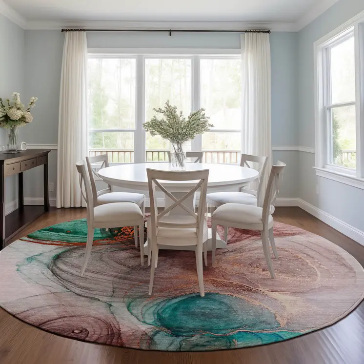 8' Round Burgundy Round Abstract Washable Non Skid Indoor Outdoor Area Rug