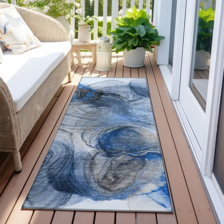 8' Runner Ivory Blue and Gray Abstract Washable Non Skid Indoor Outdoor Runner Rug