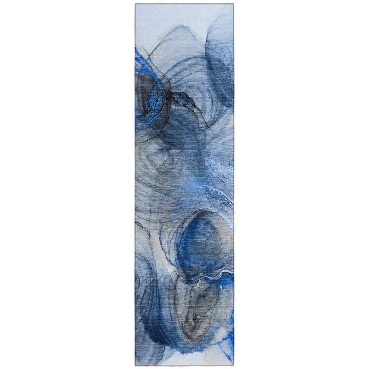 8' Runner Ivory Blue and Gray Abstract Washable Non Skid Indoor Outdoor Runner Rug