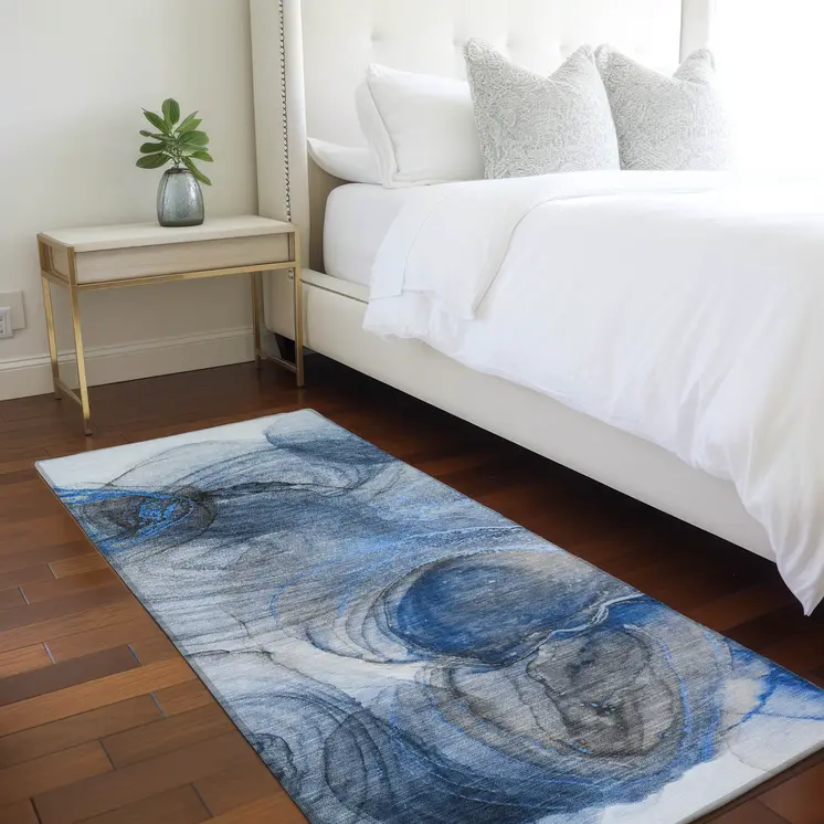 8' Runner Ivory Blue and Gray Abstract Washable Non Skid Indoor Outdoor Runner Rug