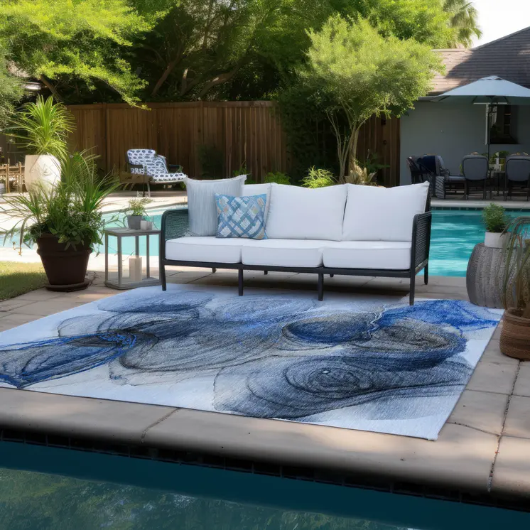 3' X 5' Ivory Blue and Gray Abstract Washable Non Skid Indoor Outdoor Area Rug