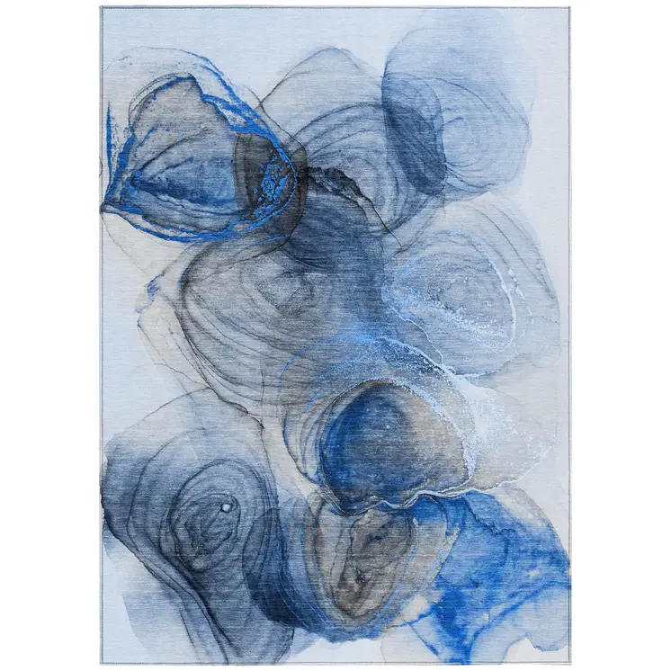 3' X 5' Ivory Blue and Gray Abstract Washable Non Skid Indoor Outdoor Area Rug