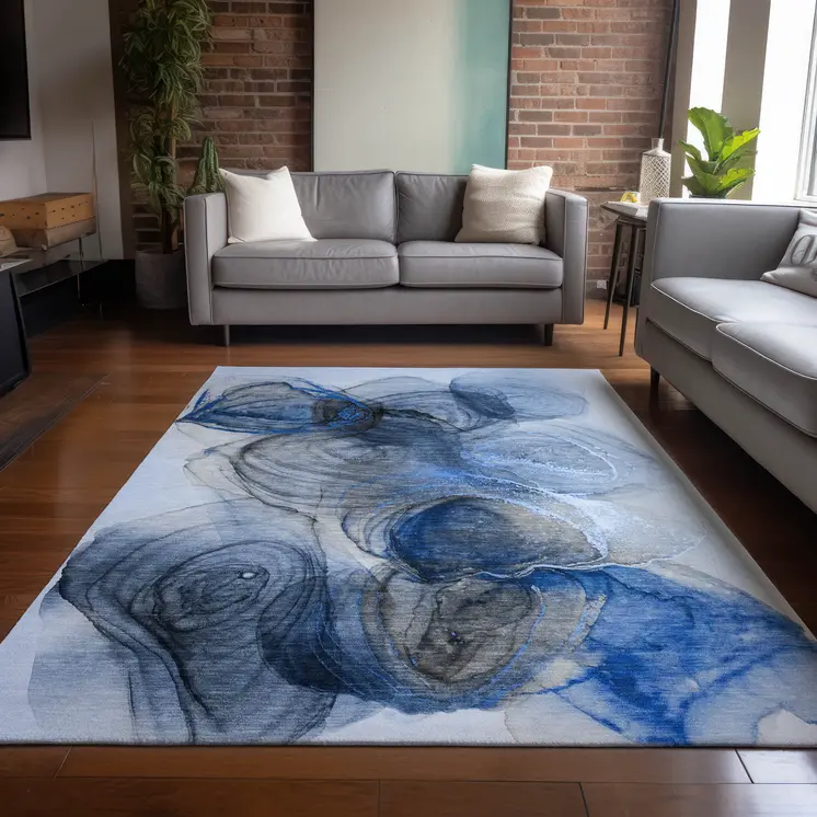 3' X 5' Ivory Blue and Gray Abstract Washable Non Skid Indoor Outdoor Area Rug