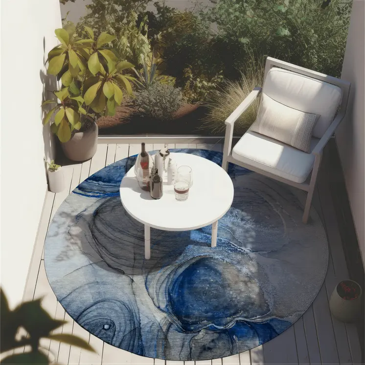 8' Ivory Blue And Gray Round Abstract Washable Indoor Outdoor Area Rug