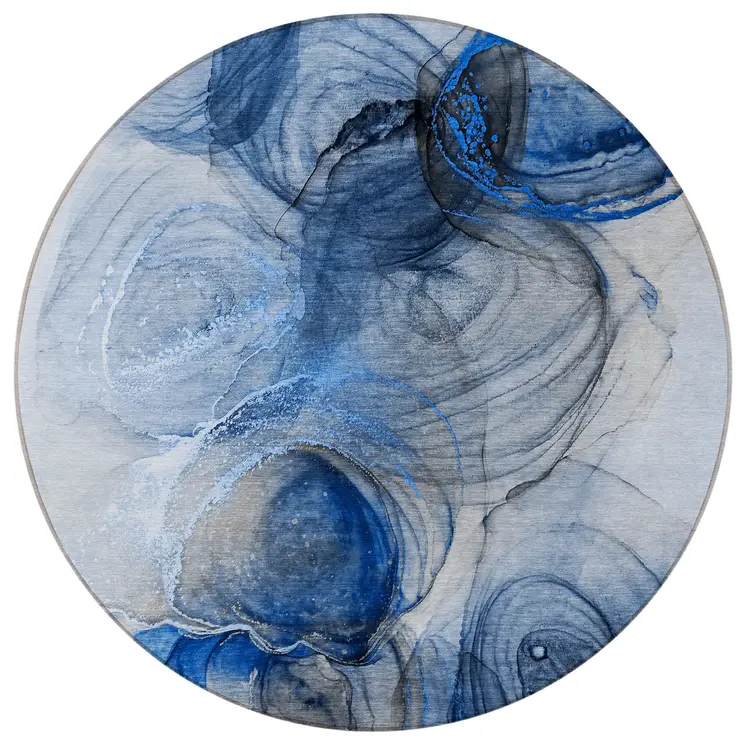 8' Ivory Blue And Gray Round Abstract Washable Indoor Outdoor Area Rug