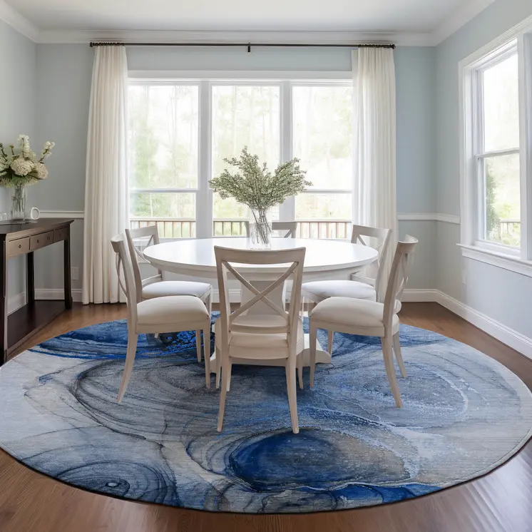8' Ivory Blue And Gray Round Abstract Washable Indoor Outdoor Area Rug