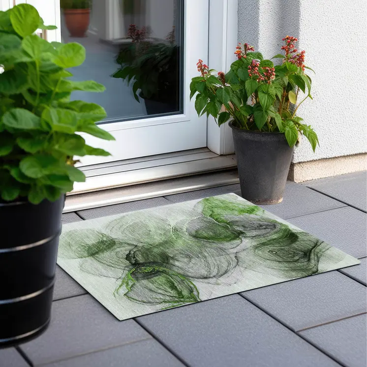 2' X 3' Olive Green Abstract Washable Non Skid Indoor Outdoor Area Rug