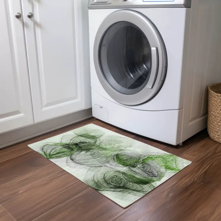 2' X 3' Olive Green Abstract Washable Non Skid Indoor Outdoor Area Rug