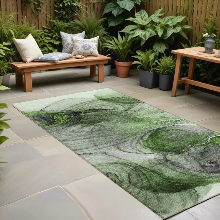 8' Runner Olive Green Abstract Washable Non Skid Indoor Outdoor Runner Rug