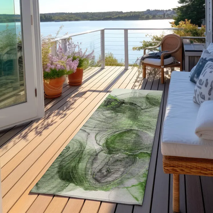 8' Runner Olive Green Abstract Washable Non Skid Indoor Outdoor Runner Rug