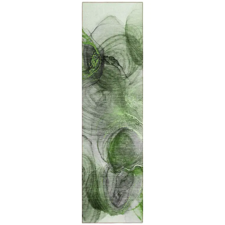 8' Runner Olive Green Abstract Washable Non Skid Indoor Outdoor Runner Rug