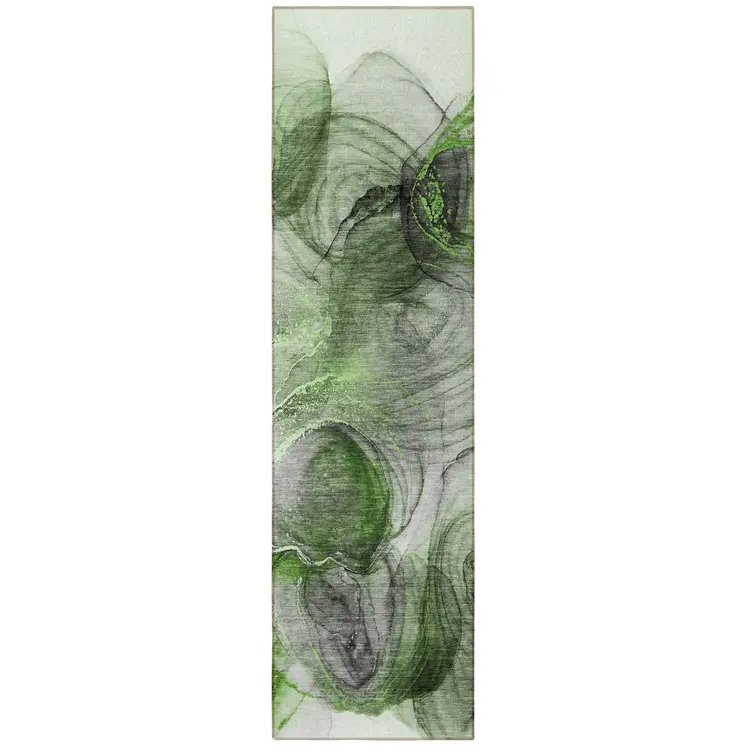 8' Runner Olive Green Abstract Washable Non Skid Indoor Outdoor Runner Rug