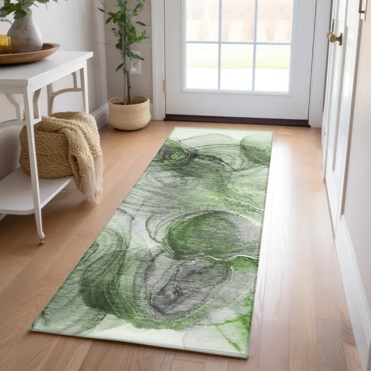 8' Runner Olive Green Abstract Washable Non Skid Indoor Outdoor Runner Rug