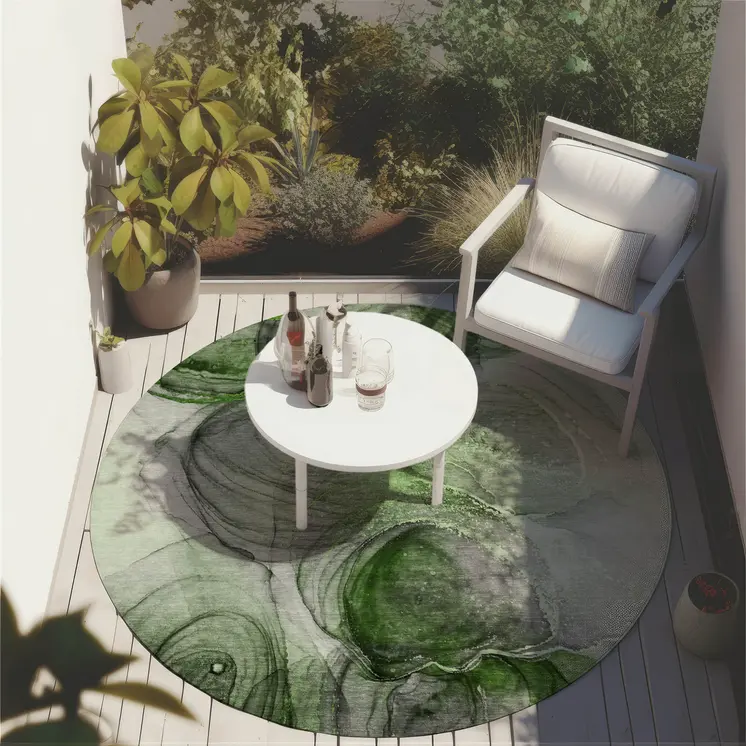 8' Round Olive Green Round Abstract Washable Non Skid Indoor Outdoor Area Rug