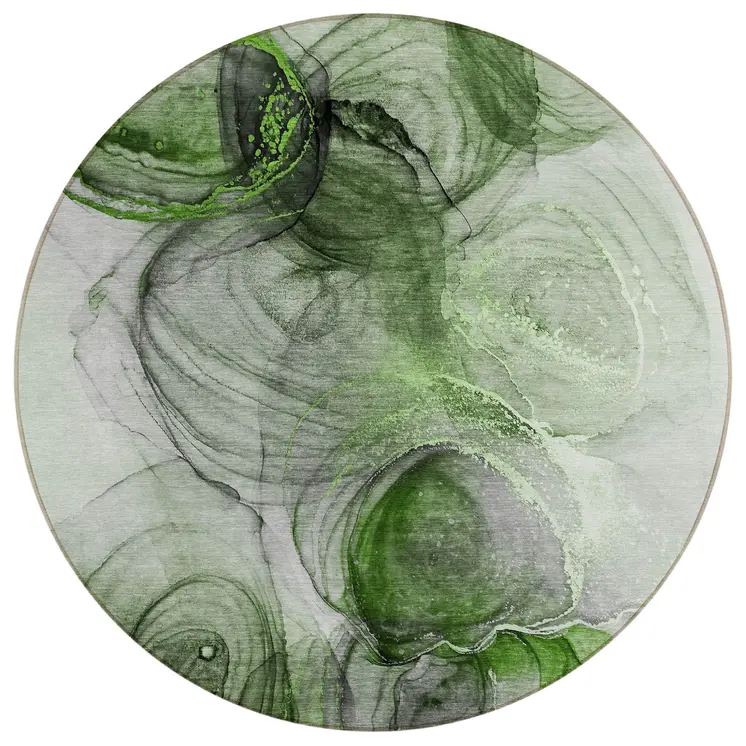 8' Round Olive Green Round Abstract Washable Non Skid Indoor Outdoor Area Rug