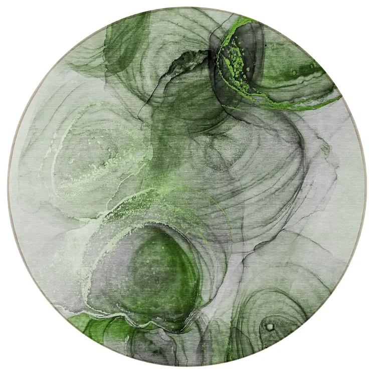 8' Round Olive Green Round Abstract Washable Non Skid Indoor Outdoor Area Rug