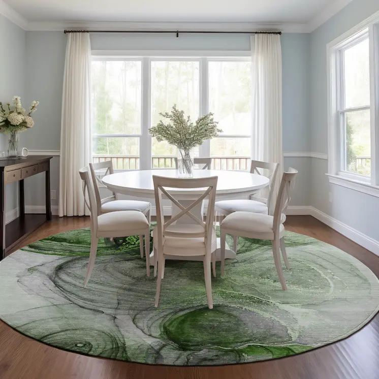 8' Round Olive Green Round Abstract Washable Non Skid Indoor Outdoor Area Rug