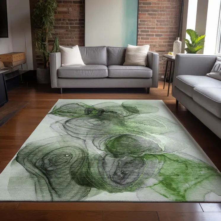 10' X 14' Olive Green Abstract Washable Non Skid Indoor Outdoor Area Rug