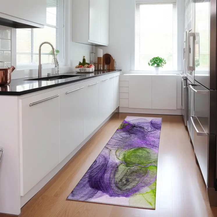 8' Runner Purple Abstract Washable Non Skid Indoor Outdoor Runner Rug