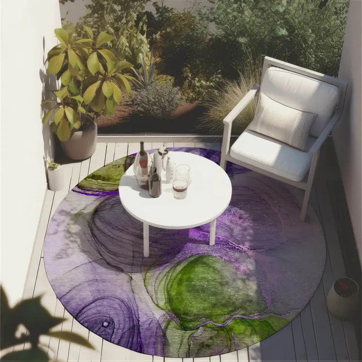 8' Round Purple Round Abstract Washable Non Skid Indoor Outdoor Area Rug