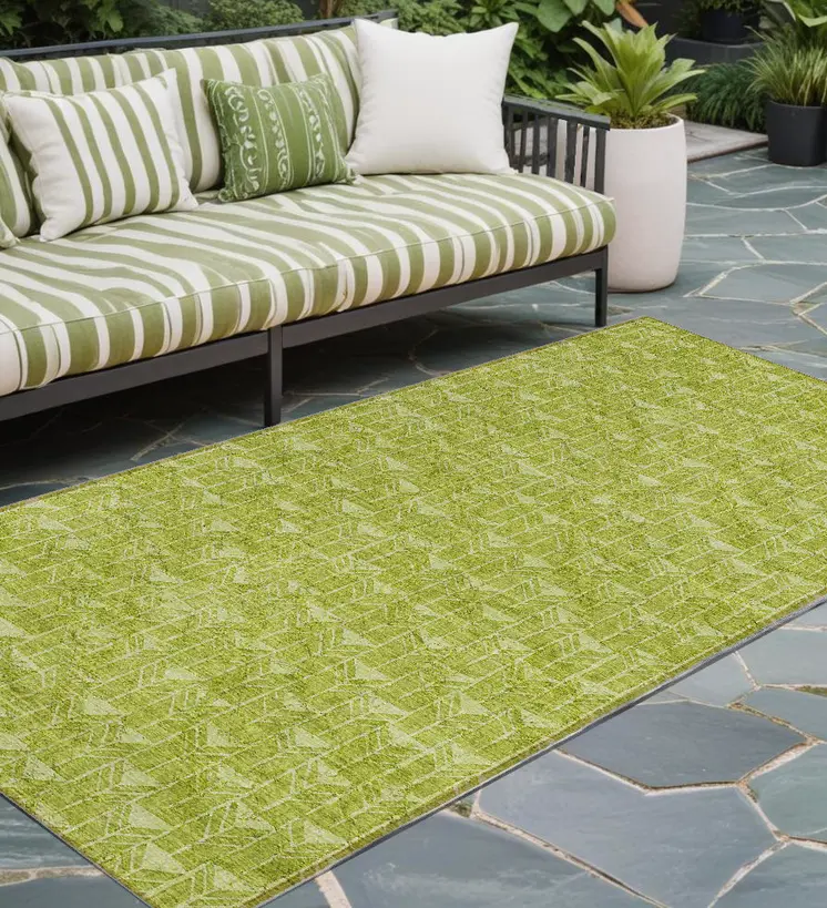 8' Runner Moss Green Geometric Washable Non Skid Indoor Outdoor Runner Rug