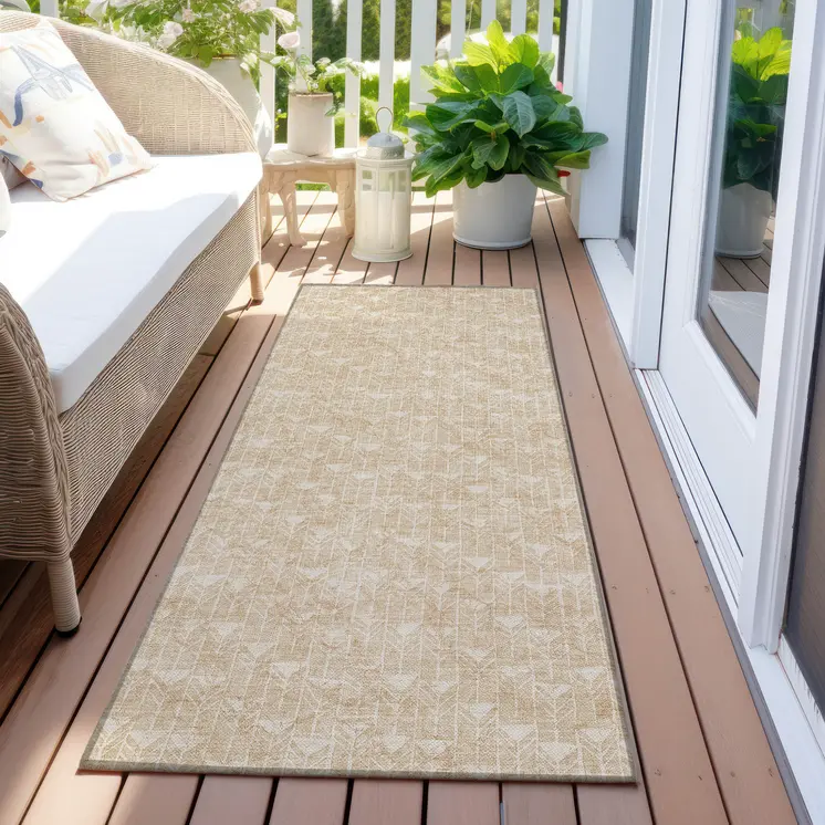 2' X 8' Beige Geometric Washable Indoor Outdoor Runner Rug