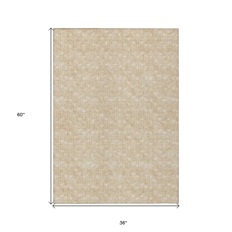3' X 5' Tan Geometric Washable Non Skid Indoor Outdoor Area Rug
