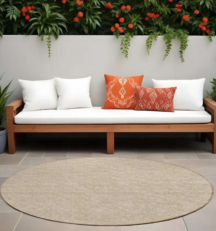 8' Round Tan Round Geometric Washable Non Skid Indoor Outdoor Area Rug