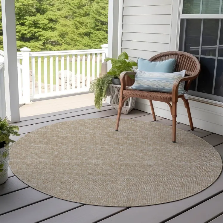 8' Round Tan Round Geometric Washable Non Skid Indoor Outdoor Area Rug