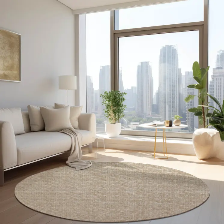 8' Round Tan Round Geometric Washable Non Skid Indoor Outdoor Area Rug