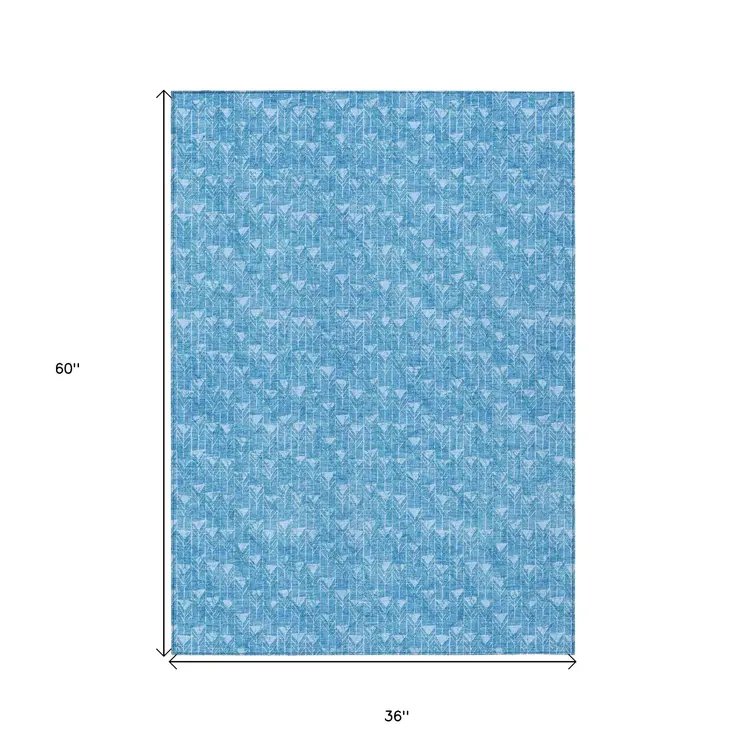 3' X 5' Blue Geometric Washable Non Skid Indoor Outdoor Area Rug