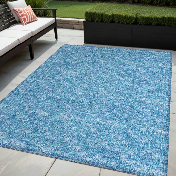 5' X 8' Blue Geometric Washable Non Skid Indoor Outdoor Area Rug