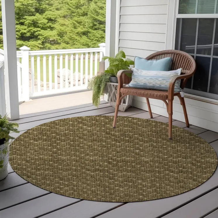 8' Round Brown Round Geometric Washable Non Skid Indoor Outdoor Area Rug