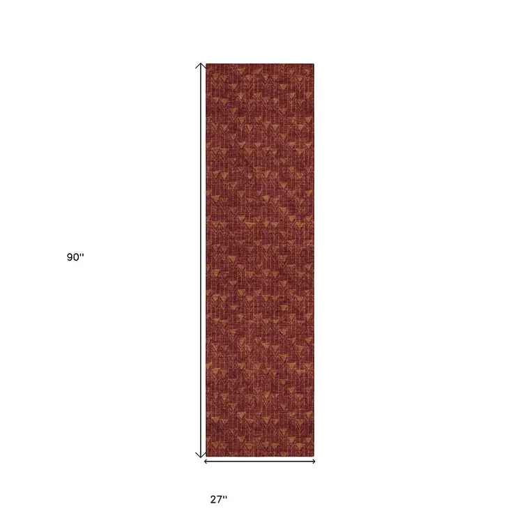 8' Runner Burgundy Geometric Washable Non Skid Indoor Outdoor Runner Rug