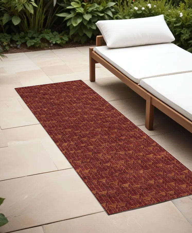 8' Runner Burgundy Geometric Washable Non Skid Indoor Outdoor Runner Rug