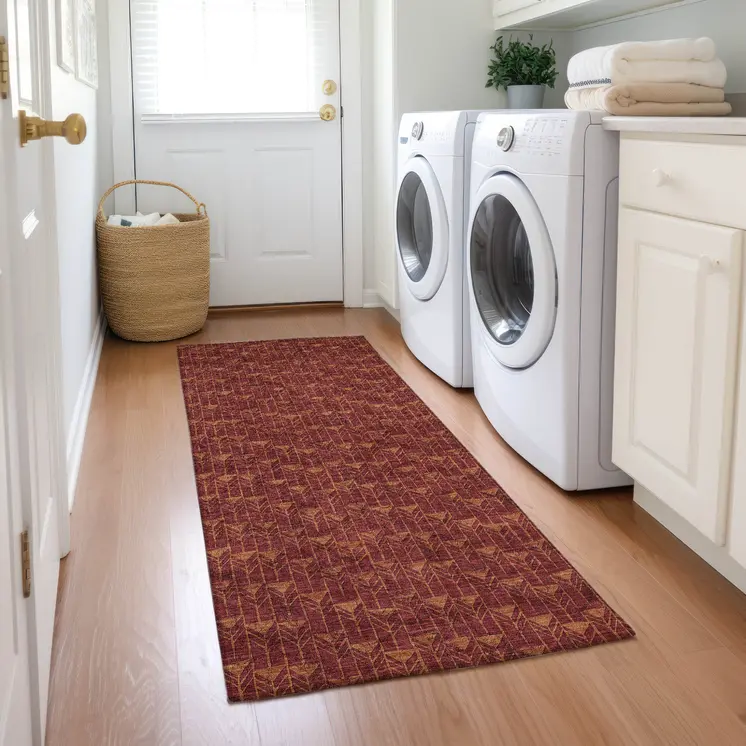 8' Runner Burgundy Geometric Washable Non Skid Indoor Outdoor Runner Rug