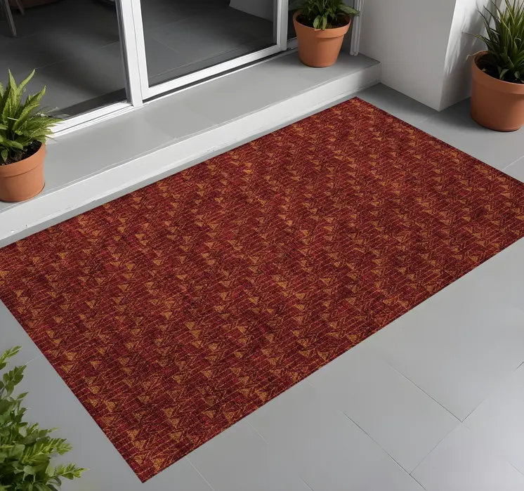 3' X 5' Burgundy Geometric Washable Non Skid Indoor Outdoor Area Rug