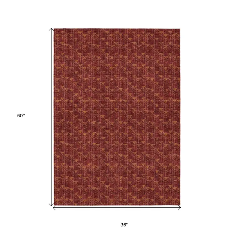 3' X 5' Burgundy Geometric Washable Non Skid Indoor Outdoor Area Rug