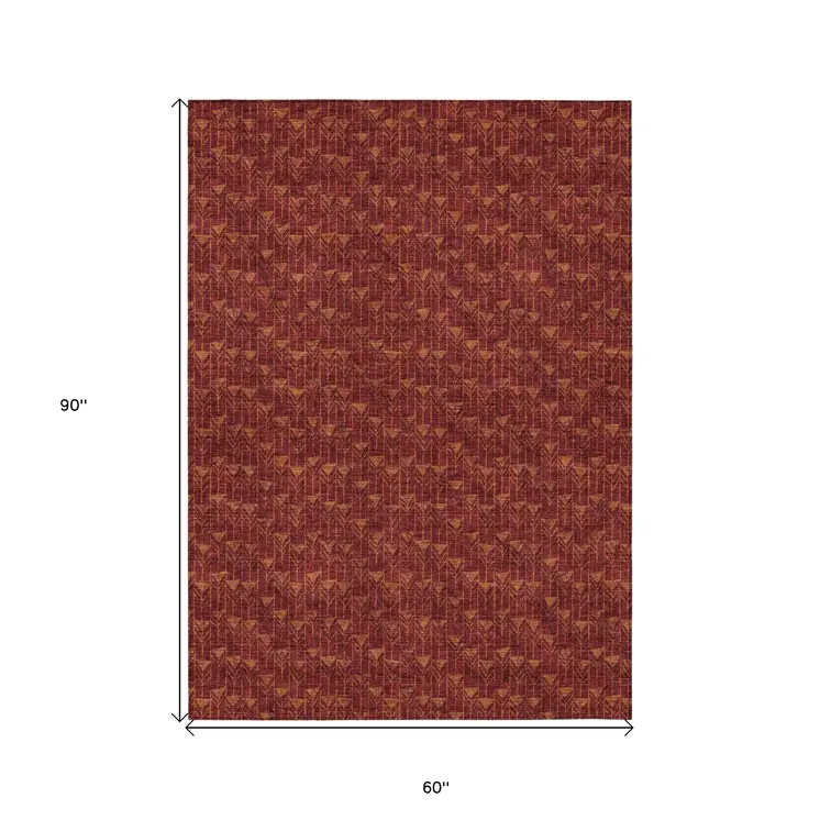 5' X 8' Burgundy Geometric Washable Non Skid Indoor Outdoor Area Rug