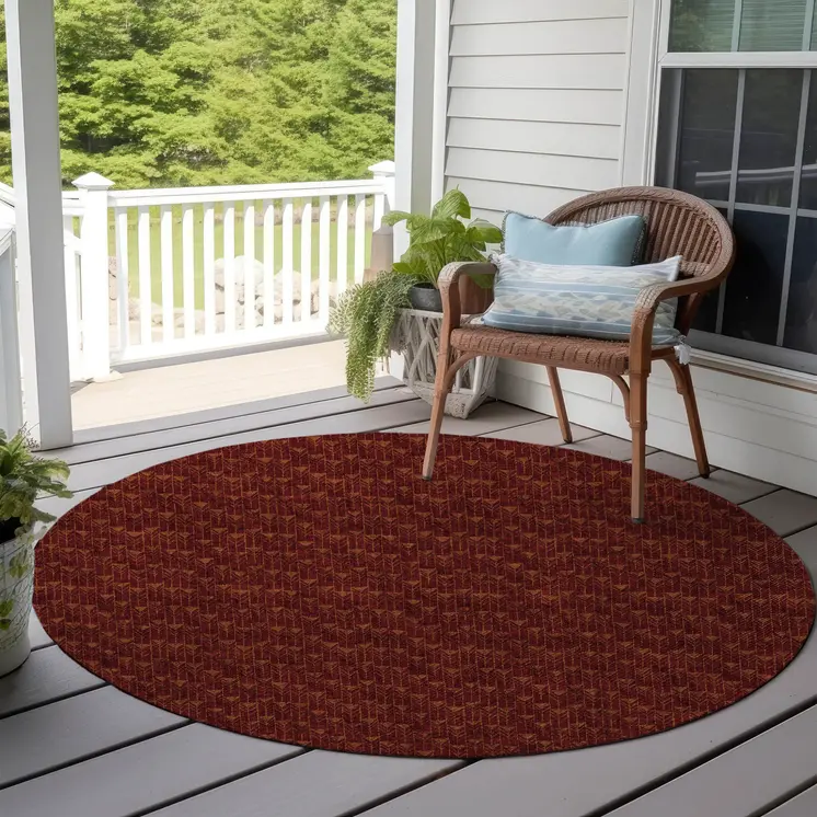 8' Round Burgundy Round Geometric Washable Non Skid Indoor Outdoor Area Rug