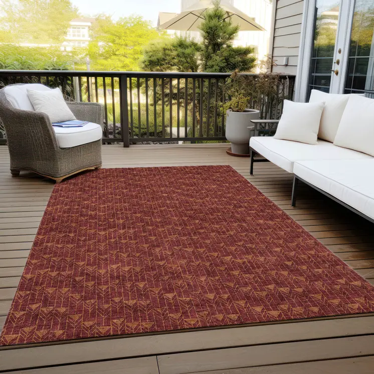 8' X 10' Burgundy Geometric Washable Non Skid Indoor Outdoor Area Rug