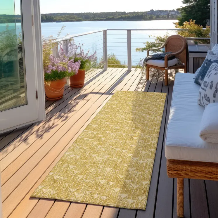 8' Runner Gold Geometric Washable Non Skid Indoor Outdoor Runner Rug