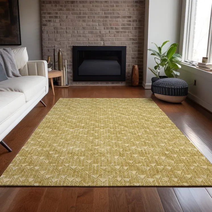 3' X 5' Gold Geometric Washable Non Skid Indoor Outdoor Area Rug