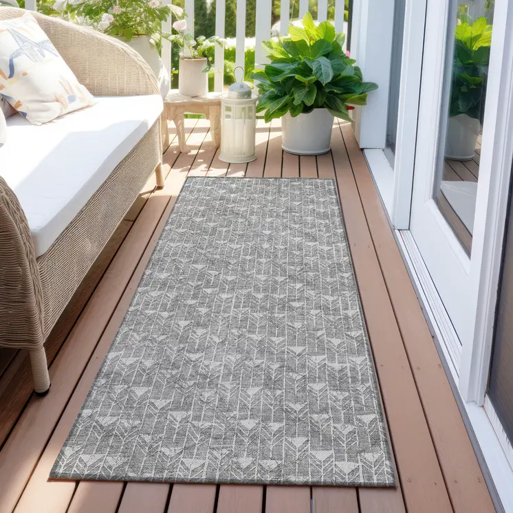 8' Gray Geometric Washable Non Skid Indoor Outdoor Runner Rug