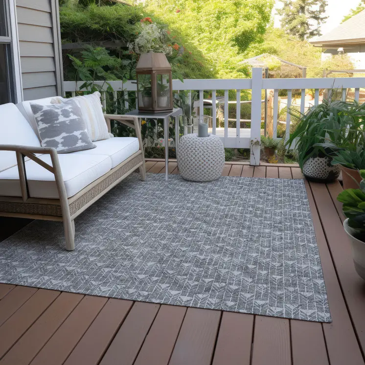 5' X 8' Gray Geometric Washable Non Skid Indoor Outdoor Area Rug