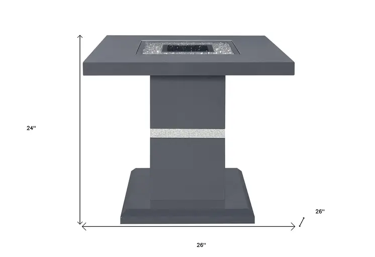 24" Dark Gray and Silver Faux Crystals Glass and Wood Square Pedestal End Table
