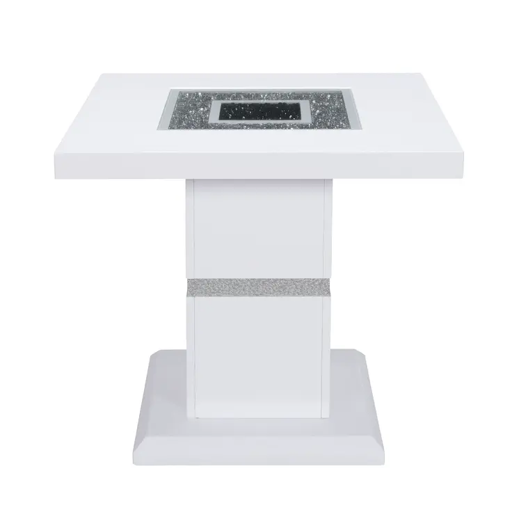 24" White and Silver Glass and Wood Faux Crystal Bling Square Pedestal End Table